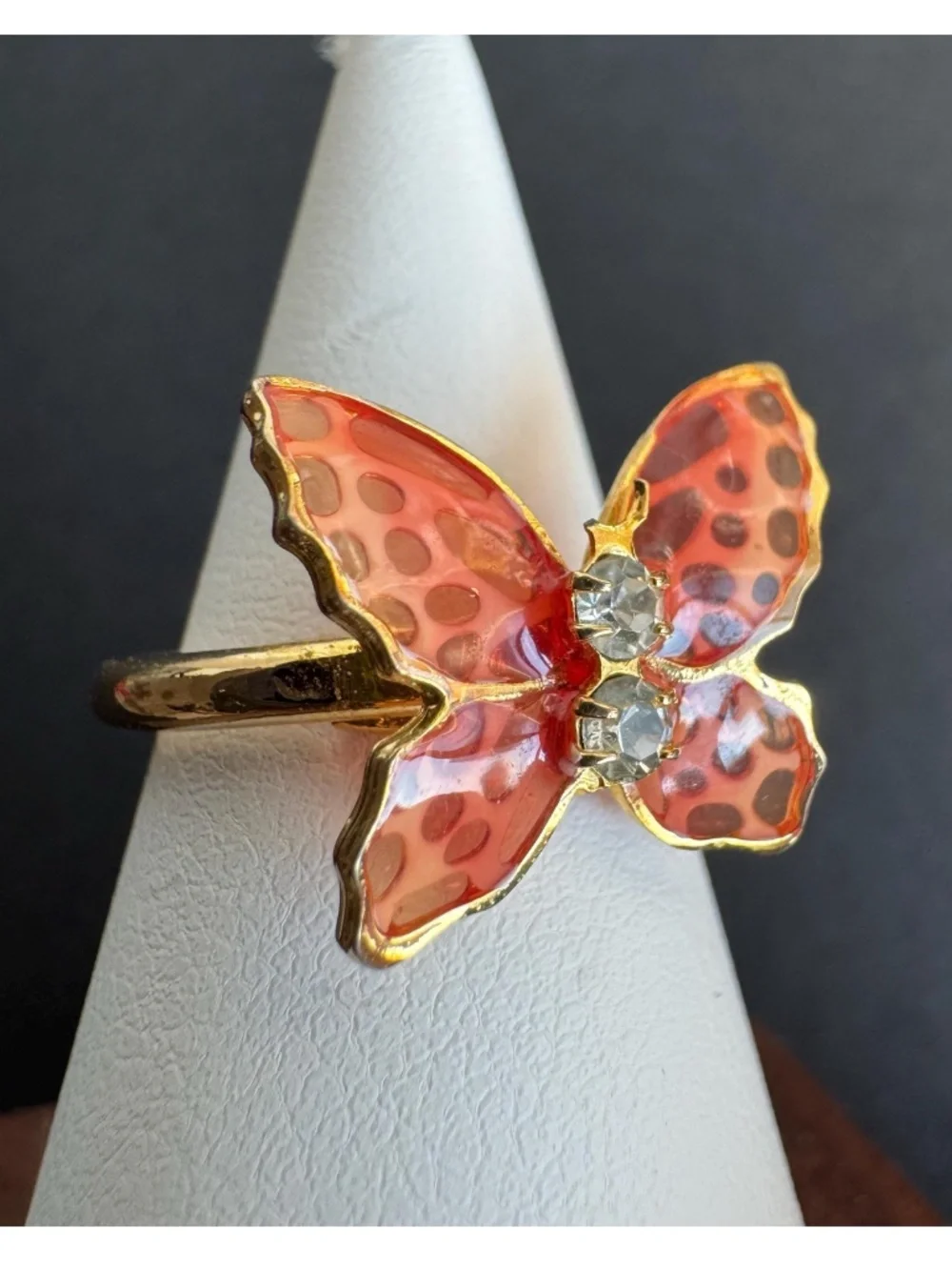 Vintage Glass Butterfly Adjustable Ring Gold Tone Rhinestone Costume Jewelry
